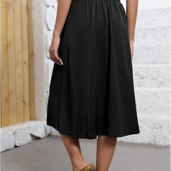 Flowy Skirt Midi Length Elastic High Waist A-Line Skirt with Pockets Boho for Wo - Picture 3 of 6